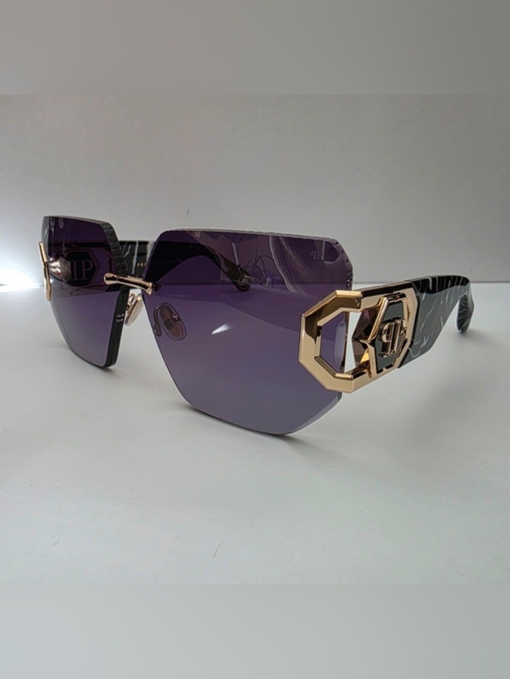 Philipp Plein Hera SPP133 Rimless Shield Sunglasses Purple Marble Gold NEW
